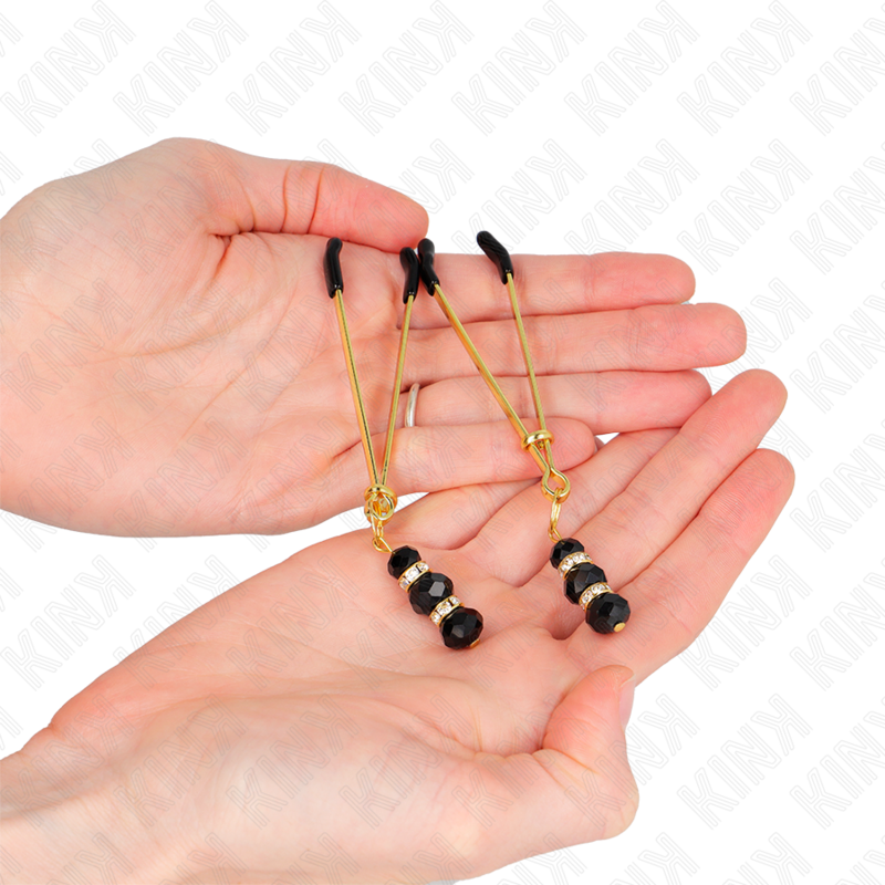 KINK - PINZAS PARA PEZONES DORADA FINA CON TRIPLE BOLA DE VIDRIO NEGRO 7 CM - immagine 2