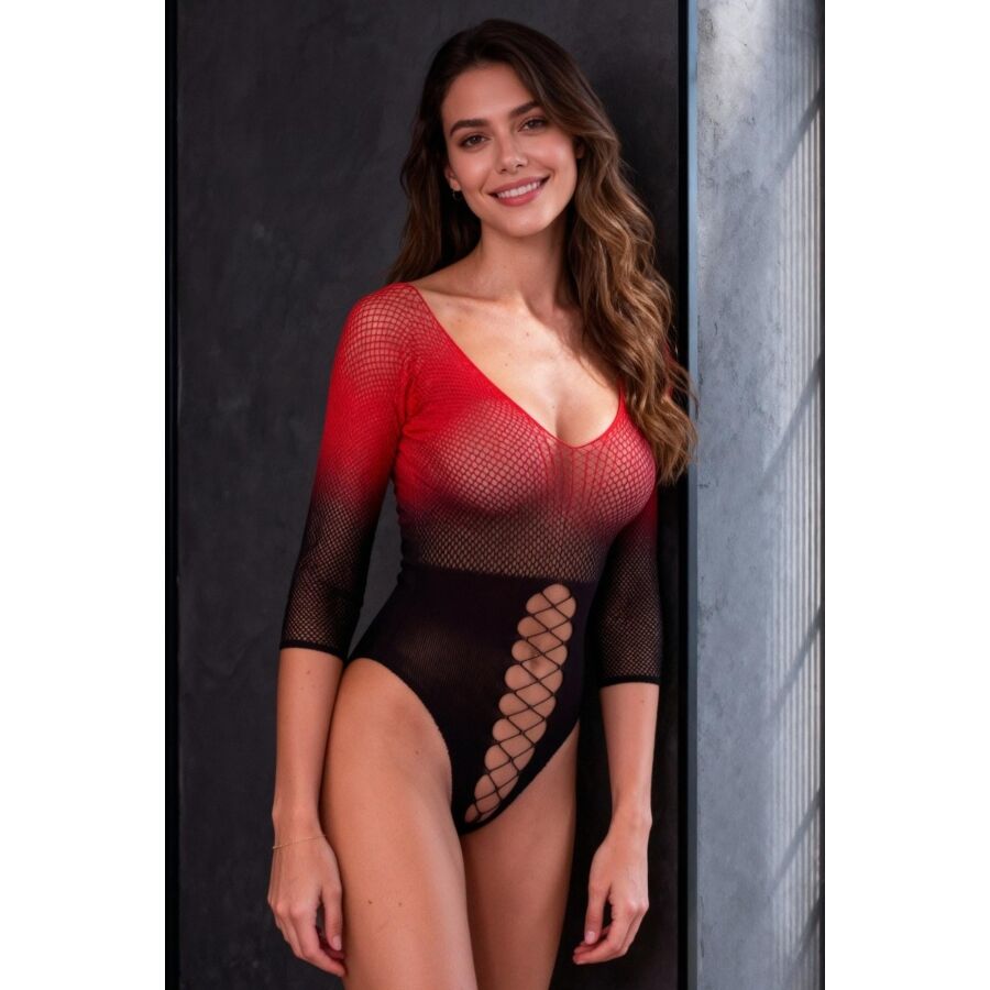 PASSION - BS118 BODYSTOCKING DE MALLA NEGRO Y ROJO - immagine 2